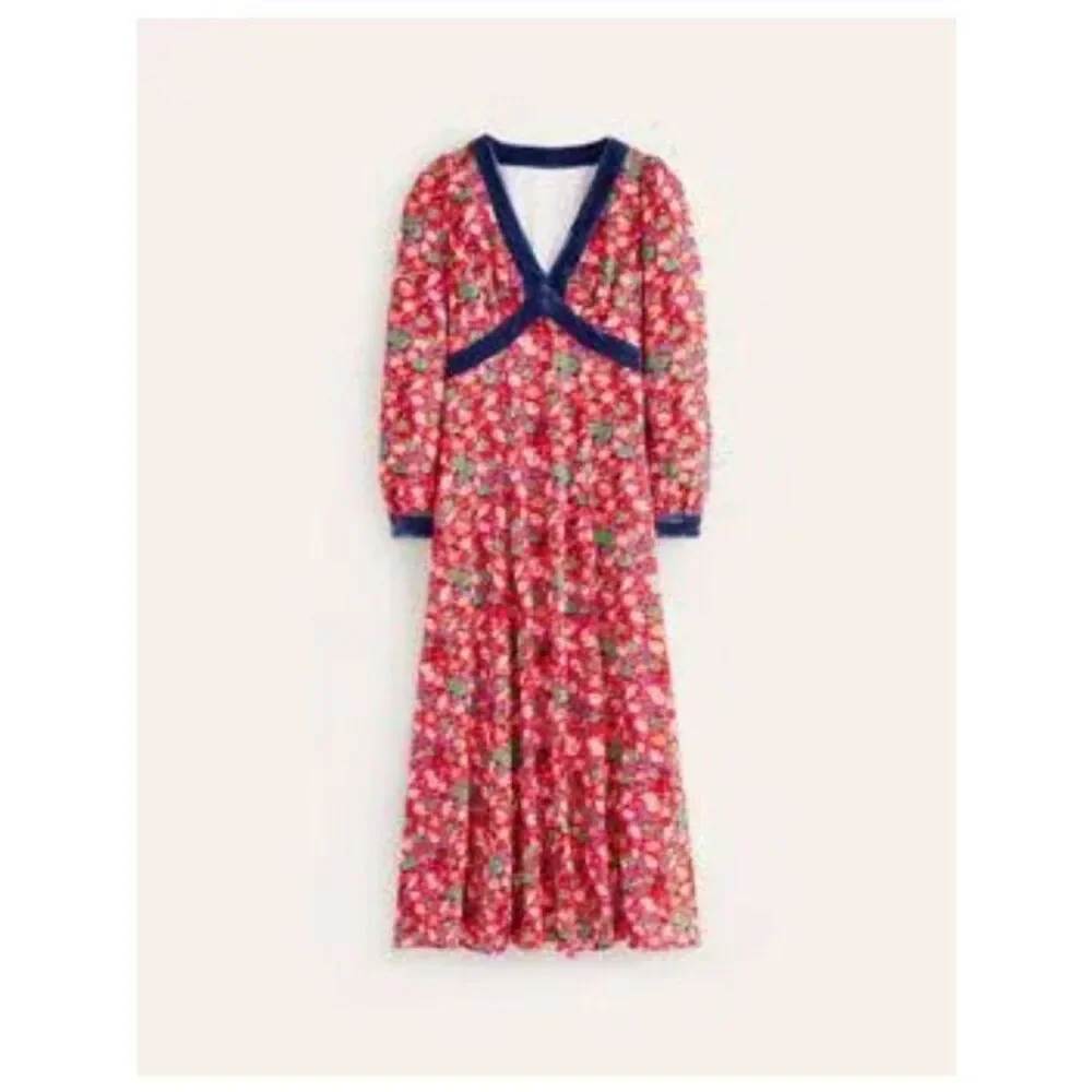Boden Womens Dress UK 14 US 10 Red Floral Puff Sleeve Velvet Trim D1102 NWT - Picture 3 of 16